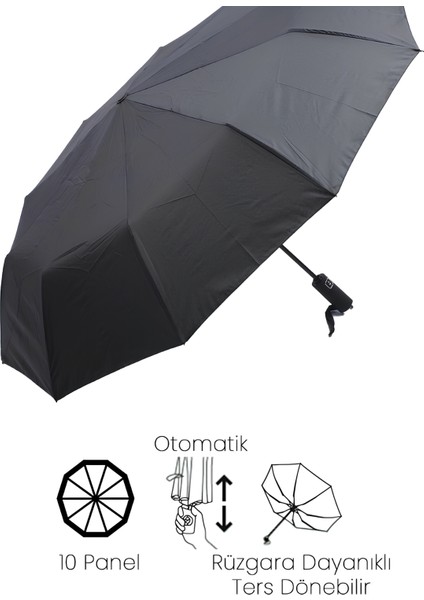 Otomatik Full Fonksiyon Fiber Tel Şemsiye Premium Serisi Tam Otomatik Ultra Lüx 10 Telli Düz Siyah Erkek Şemsiye