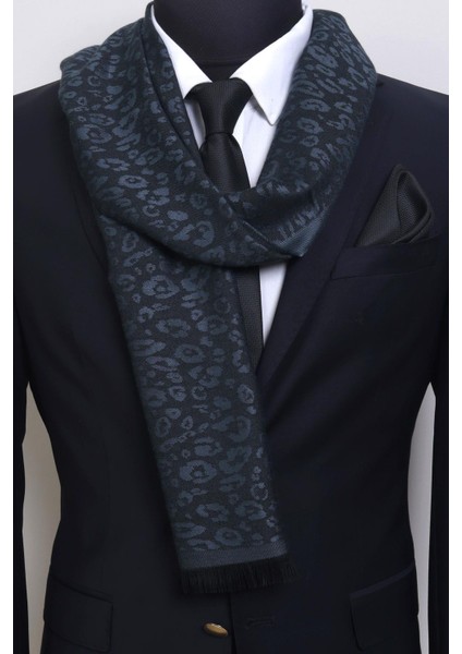 %100 Bambu Indigo Siyah Desenli Ince Kaşkol