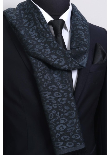 %100 Bambu Indigo Siyah Desenli Ince Kaşkol