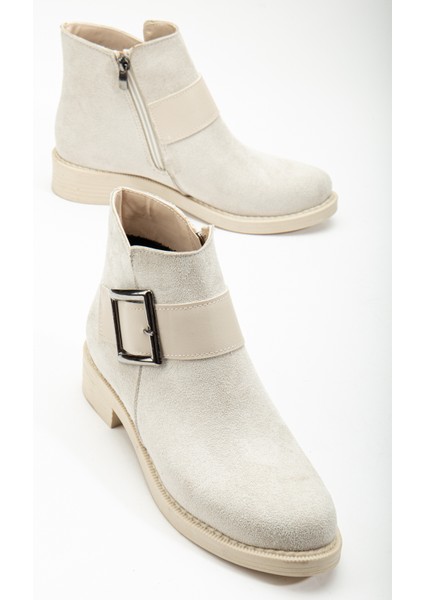 Kadın Ten Süet Termo Taban Tokalı Fermuarlı Kısa Topuklu Bot