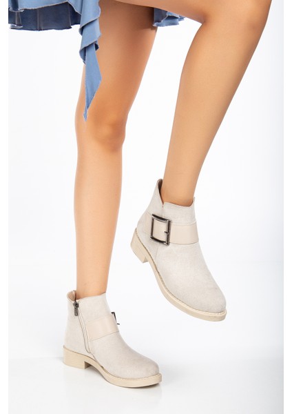 Kadın Ten Süet Termo Taban Tokalı Fermuarlı Kısa Topuklu Bot fiyatları
