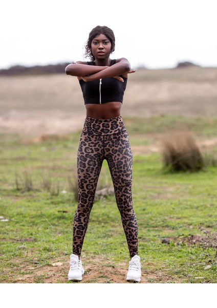 Kahve Leopar Desen Spor Tayt