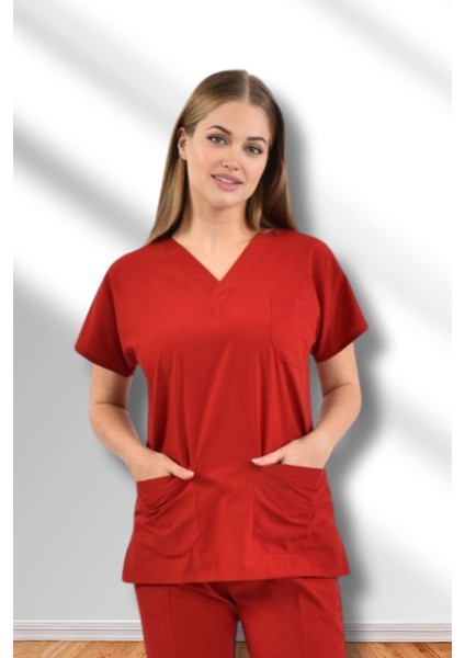 Likralı Süper Viskon Yarasa Kol Kırmızı Hemşire Üniforma Tek Üst