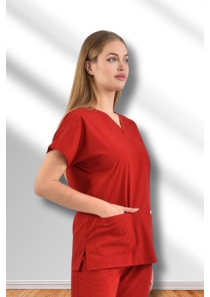 Likralı Süper Viskon Yarasa Kol Kırmızı Hemşire Üniforma Tek Üst