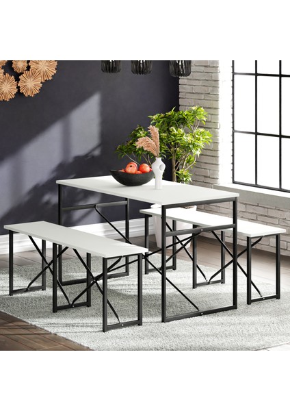 Masa Takımı Bench Bank Masa Seti 120 x 60 Masa Mutfak Masası Yemek Masası Beyaz 1552