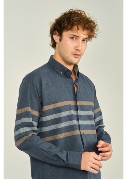 Erkek Slim Fit Ince Blok Desenli Pamuklu Uzun Kol Gömlek 1100 Indigo Kahve fiyatları