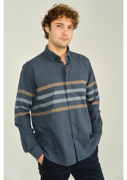 Erkek Slim Fit Ince Blok Desenli Pamuklu Uzun Kol Gömlek 1100 Indigo Kahve modelleri
