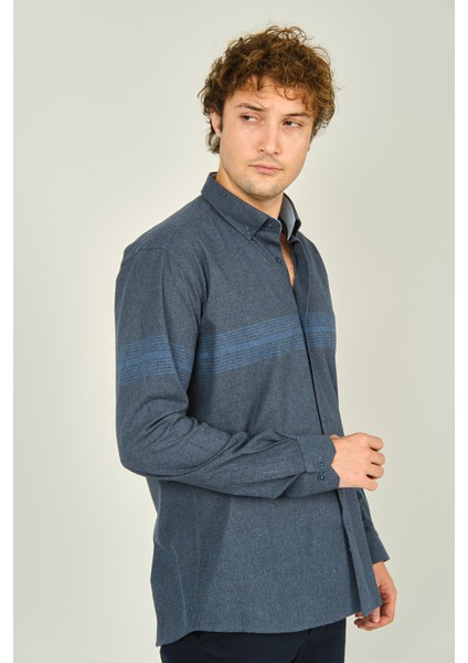 Erkek Slim Fit Blok Desenli Pamuklu Uzun Kol Gömlek 1200 Indigo Mavi fiyatları