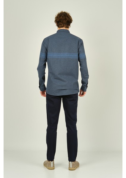 Erkek Slim Fit Blok Desenli Pamuklu Uzun Kol Gömlek 1200 Indigo Mavi fırsatları