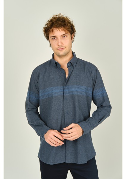 Erkek Slim Fit Blok Desenli Pamuklu Uzun Kol Gömlek 1200 Indigo Mavi