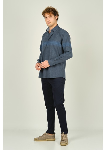 Erkek Slim Fit Blok Desenli Pamuklu Uzun Kol Gömlek 1200 Indigo Mavi modelleri