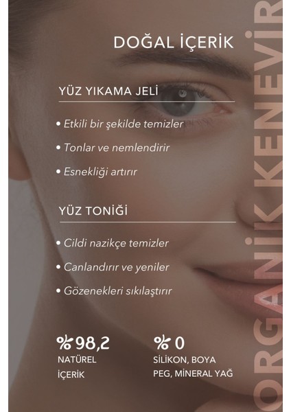 Yüz Temizleme Seti Cilt Sıkılaştırıcı, Yüz Yıkama Jeli + Yüz Toniği Organik Kenevir 2'li Avantajlı Set
