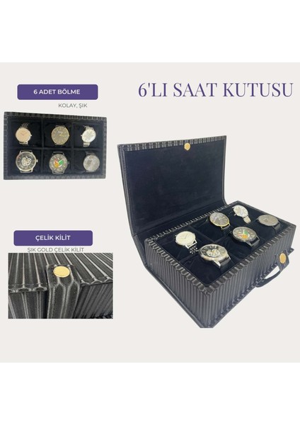 6 Gözlü Lüx Düz Çizgili Saat Kutusu - Siyah