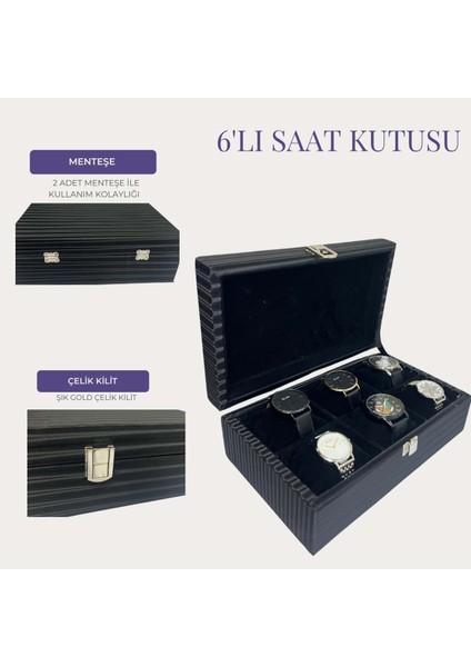 6 Gözlü Lüx Düz Çizgili Dikdörtgen Kilit Saat Kutusu - Siyah