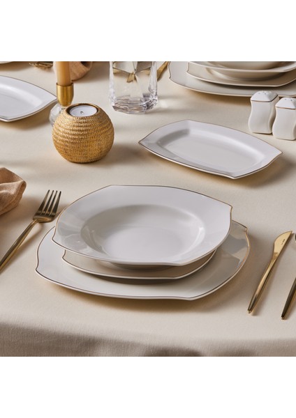 Square Bone Beyaz Altın 53 Parça 12 Kişilik Yemek Takımı