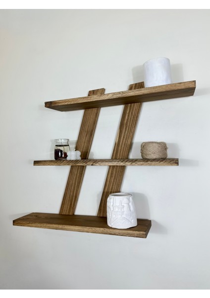 Doğal Ahşap Dekoratif Simetrik 3 Katlı Vintage Duvar Rafı