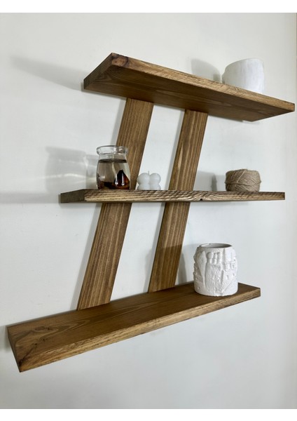 Doğal Ahşap Dekoratif Simetrik 3 Katlı Vintage Duvar Rafı modelleri