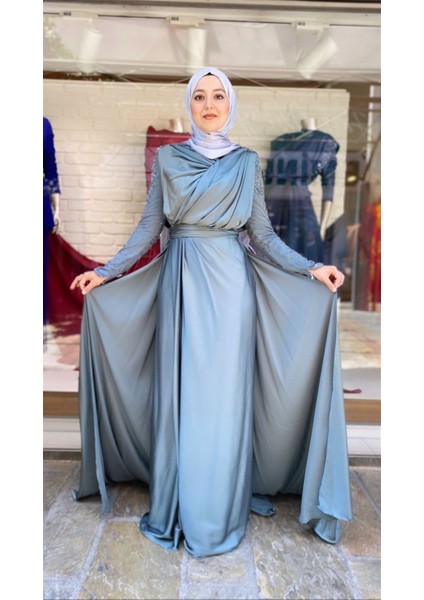 Kolları Taşlı Saten Abiye Elbise