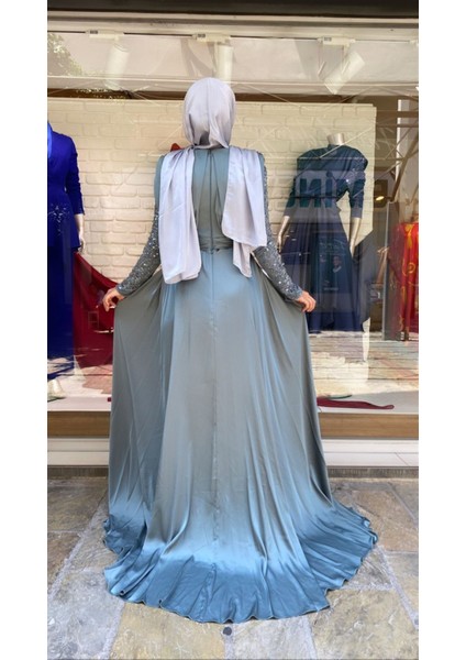 Kolları Taşlı Saten Abiye Elbise