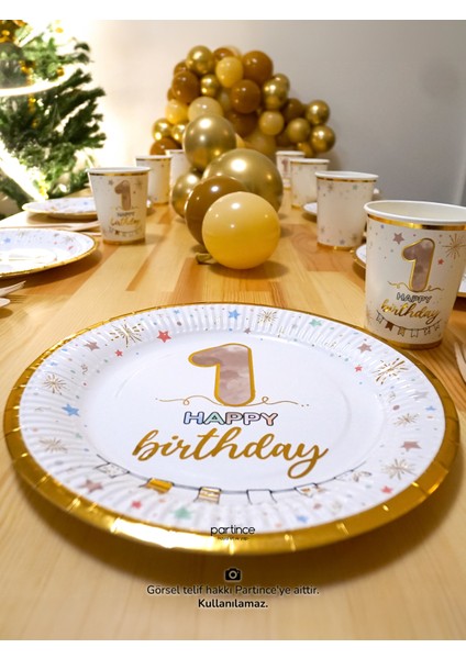 8 Kişilik Gold Yaldız 1 Yaş Happy Birthday Karton Kullan At Tabak-bardak-çatal Kaşık Bıçak Parti Set fiyatları