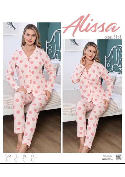 6151 Bayan Somon Puanlı Patlı Uzun Kol Pijama Takımı