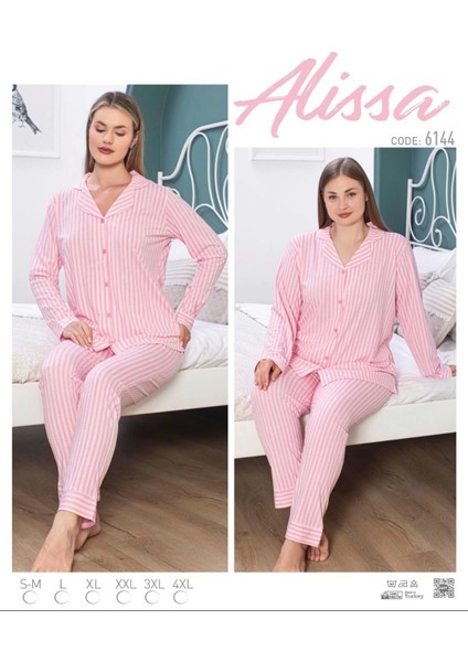 6144 Bayan Pembe Çizgili Patlı Uzun Kol Pijama Takımı