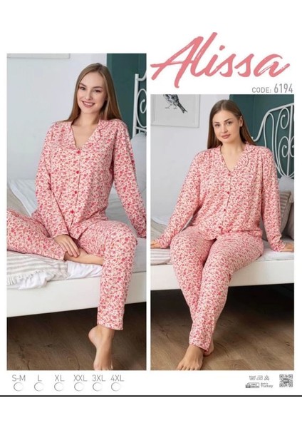6194 Bayan Önü Düğmeli Çicek Desenli Pijama Takımı
