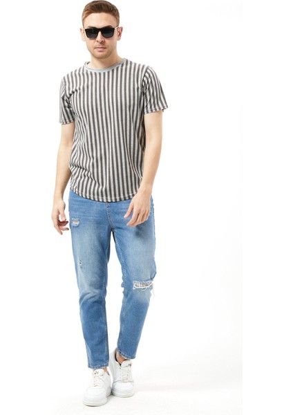 Çizgili Bisiklet Yaka Tişört %100 Cotton