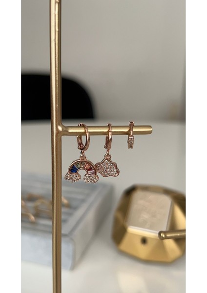 Rose Gold Gökkuşağı Model 3 Lü Set Küpe