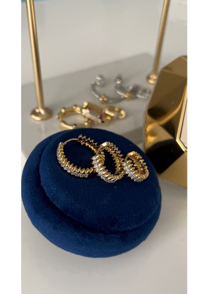Vip Seri Gold Iki Renkli Zirkon Taşlı 3 Lü Halka Set Küpe