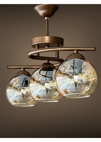 Kahve Rengi Camlı 3'lü Salon Oda Avizesi, Metal Malzeme, 30x46 Boyut