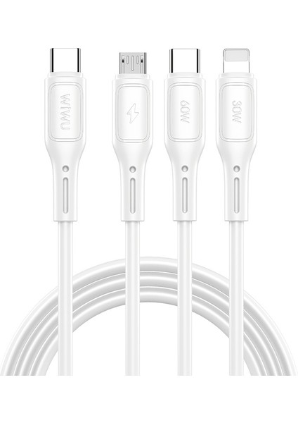 3in1 Çoğaltıcı Kablo Usb-A To Lightning Type-C Micro Şarj Data Kablosu 60W 1.2m Beyaz Wiwu WI-C046E