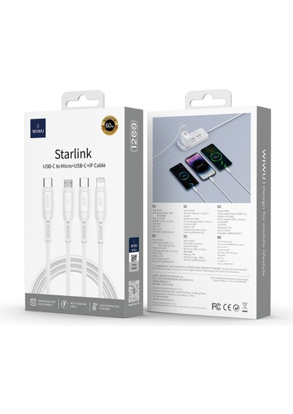 3in1 Çoğaltıcı Kablo Usb-A To Lightning Type-C Micro Şarj Data Kablosu 60W 1.2m Beyaz Wiwu WI-C046E