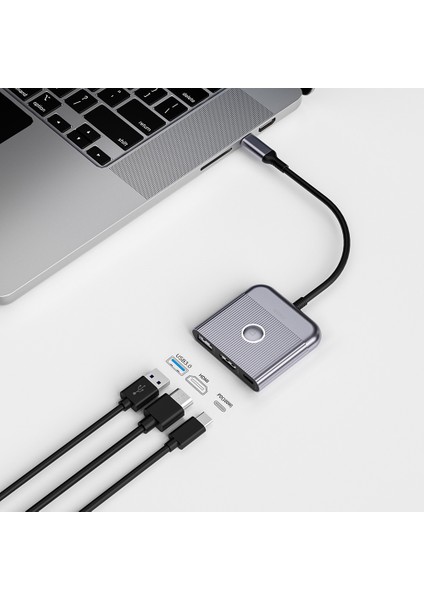 USB C HDMI Adaptörü 3in1 HDMI 4K@60Hz Girişli 100W Pd Type-C Hub Bağlantı Istasyonu Gri Wiwu WI-HB8002