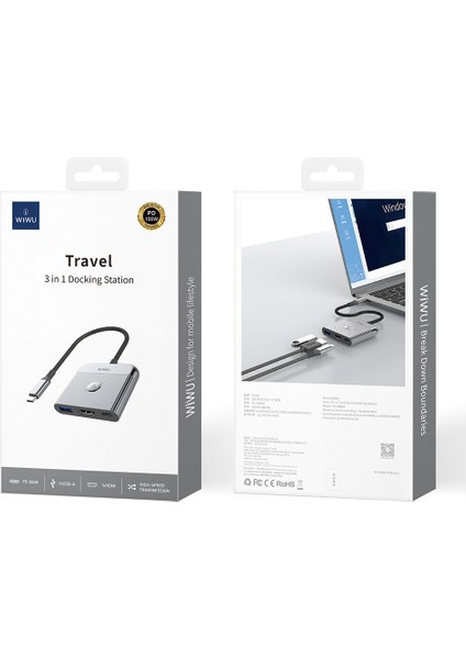 USB C HDMI Adaptörü 3in1 HDMI 4K@60Hz Girişli 100W Pd Type-C Hub Bağlantı Istasyonu Gri Wiwu WI-HB8002