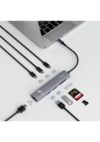 USB C HDMI Hub 8in1 Type-C Hub Bağlantı Istasyonu HDMI 4K@60Hz Girişli 100W Pd Gri Wiwu WI-HB8001