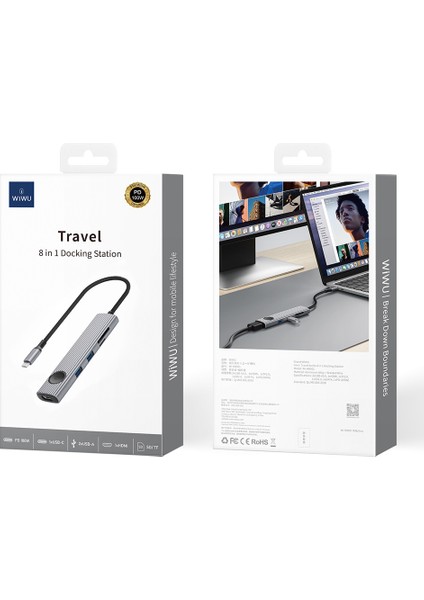 USB C HDMI Hub 8in1 Type-C Hub Bağlantı Istasyonu HDMI 4K@60Hz Girişli 100W Pd Gri Wiwu WI-HB8001