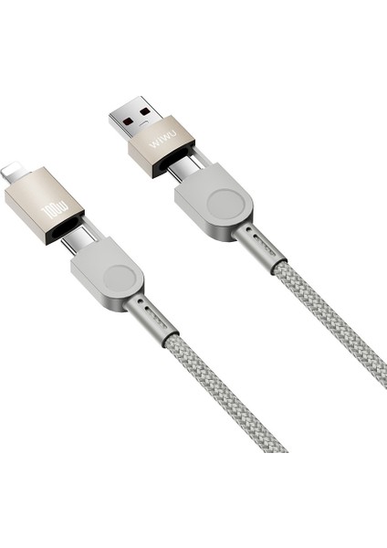 4in1 Çoklu Değişebilen Uçlu Usb-A Type-C To Type-C Lightning Şarj Data Kablosu 100W 120CM Titanyum Raptor