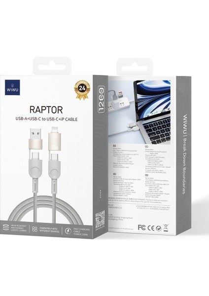 4in1 Çoklu Değişebilen Uçlu Usb-A Type-C To Type-C Lightning Şarj Data Kablosu 100W 120CM Titanyum Raptor