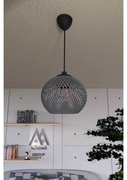 Füme Sarkıt Top Avize, Ahşap, Siyah Kablo, 20x65 cm, Şık ve Modern Tasarım