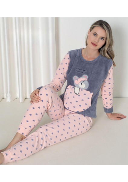 Kanguru Cepli Ayıcık Desenli Welsoft Koyu Mavi Kadın Pijama Takımı