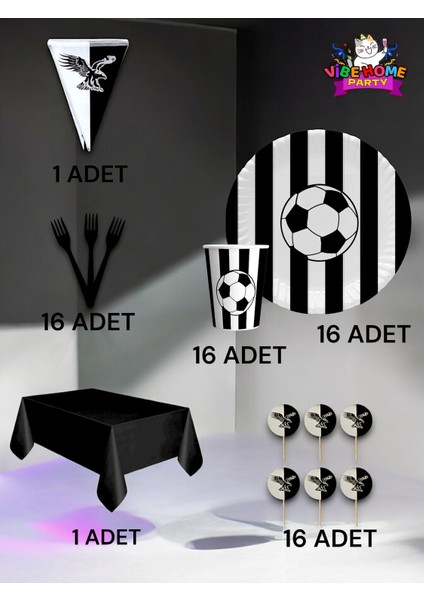16 Kişilik Siyah Beyaz Taraftar Premium Set - Doğum Günü Parti ve Eğlenceli Etkinlikler