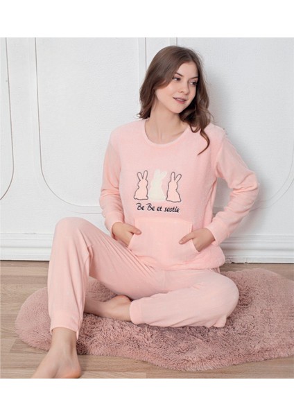 Avşan Desenli Kanguru Cepli Polar Welsoft Kadın Pijama Takımı