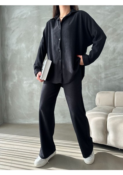 Bürümcük Kumaş Oversize Uzun Kollu Ispanyol Paça Lastikli Gömlek-Pantolon Alt-Üst Takım modelleri