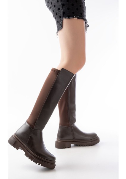 Bayan ÇIZME812-305 Kahve Arkası Streç Fermuarlı Günlük Kadın Çizme