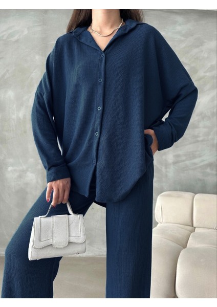 Bürümcük Kumaş Oversize Uzun Kollu Ispanyol Paça Lastikli Gömlek-Pantolon Alt-Üst Takım