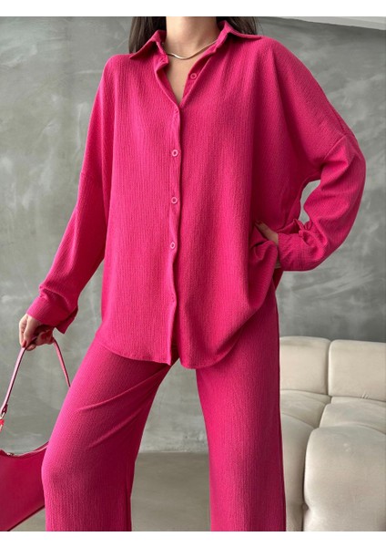 Bürümcük Kumaş Oversize Uzun Kollu Ispanyol Paça Lastikli Gömlek-Pantolon Alt-Üst Takım