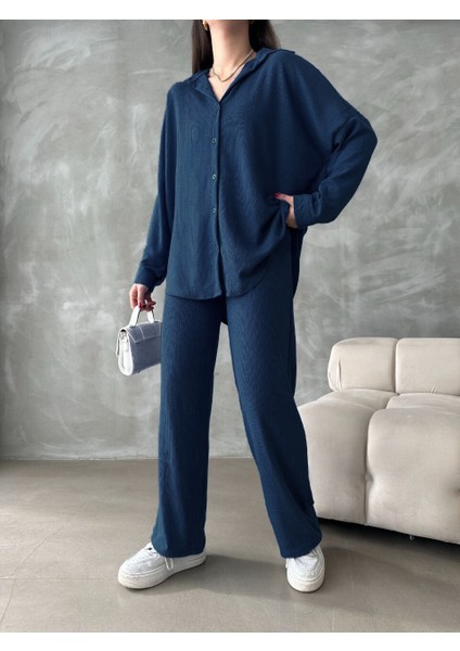 Bürümcük Kumaş Oversize Uzun Kollu Ispanyol Paça Lastikli Gömlek-Pantolon Alt-Üst Takım fiyatları