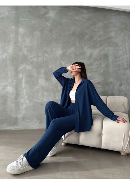 Bürümcük Kumaş Oversize Uzun Kollu Ispanyol Paça Lastikli Gömlek-Pantolon Alt-Üst Takım modelleri