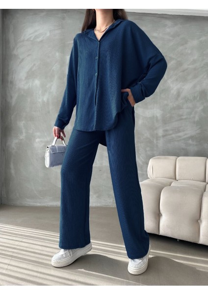 Bürümcük Kumaş Oversize Uzun Kollu Ispanyol Paça Lastikli Gömlek-Pantolon Alt-Üst Takım fırsatları